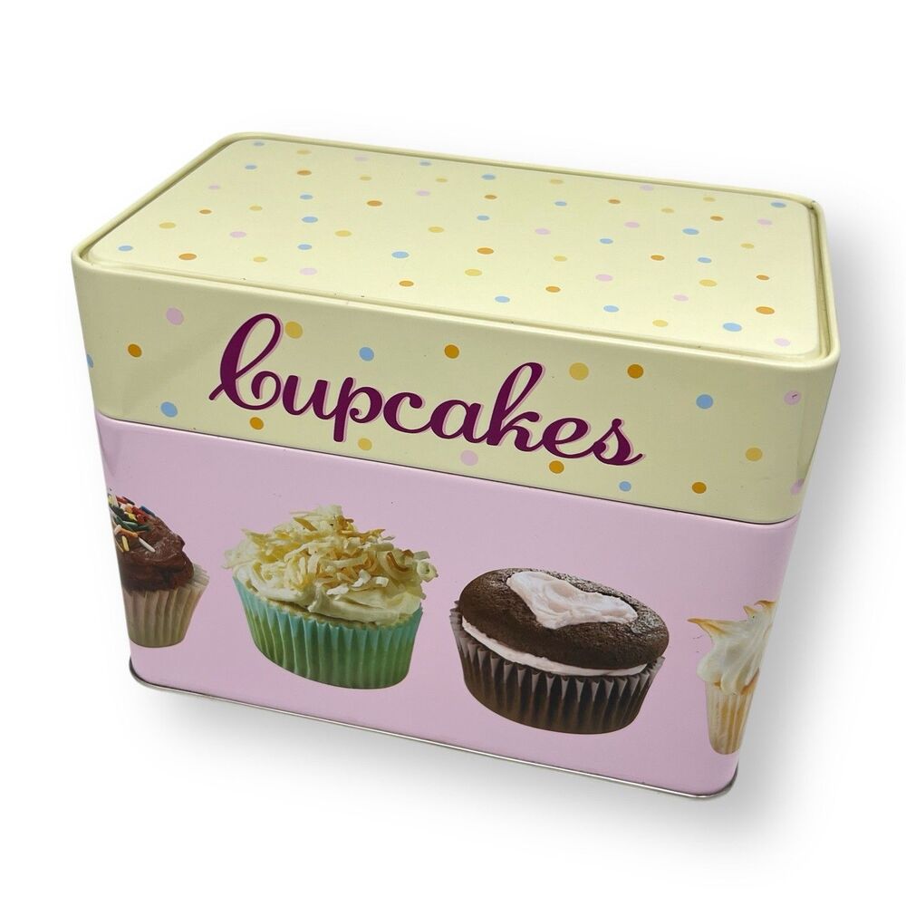CUPCAKES Recipe Box Keepsake Tin w/99 Recipes & Dividers Desserts Metal Hinged